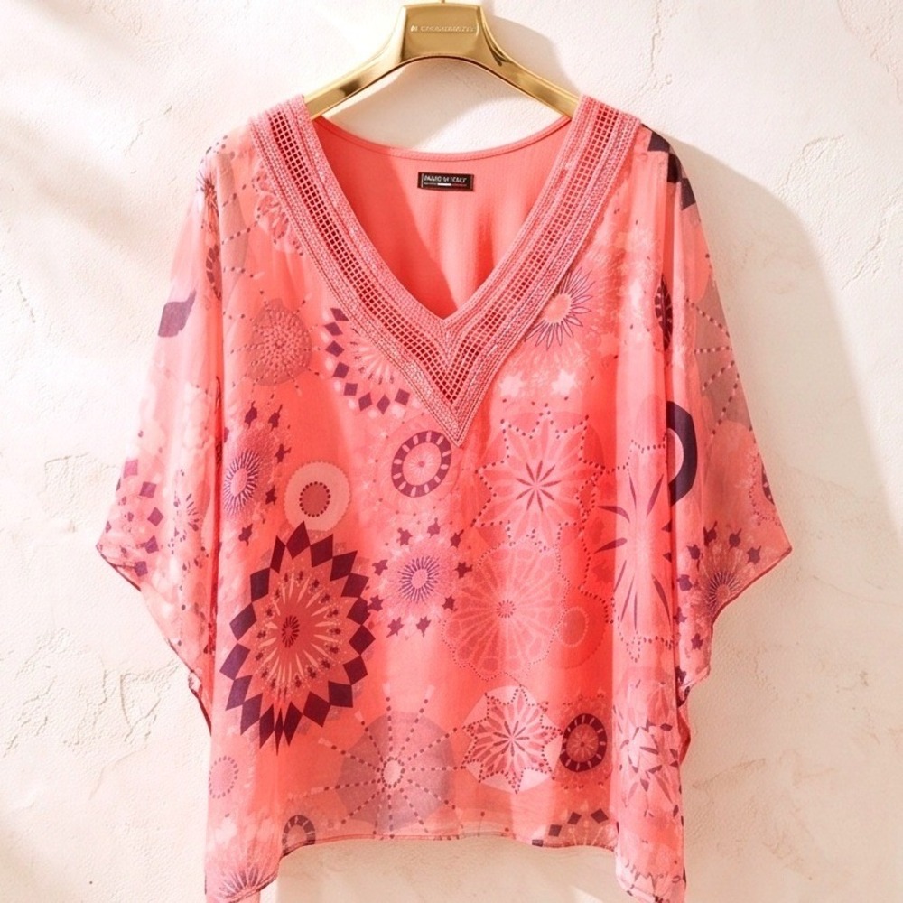 Made in Italy 4 Small Silk‎ Overlay Coral Pink V-Neck Crochet Sequin Angle Top